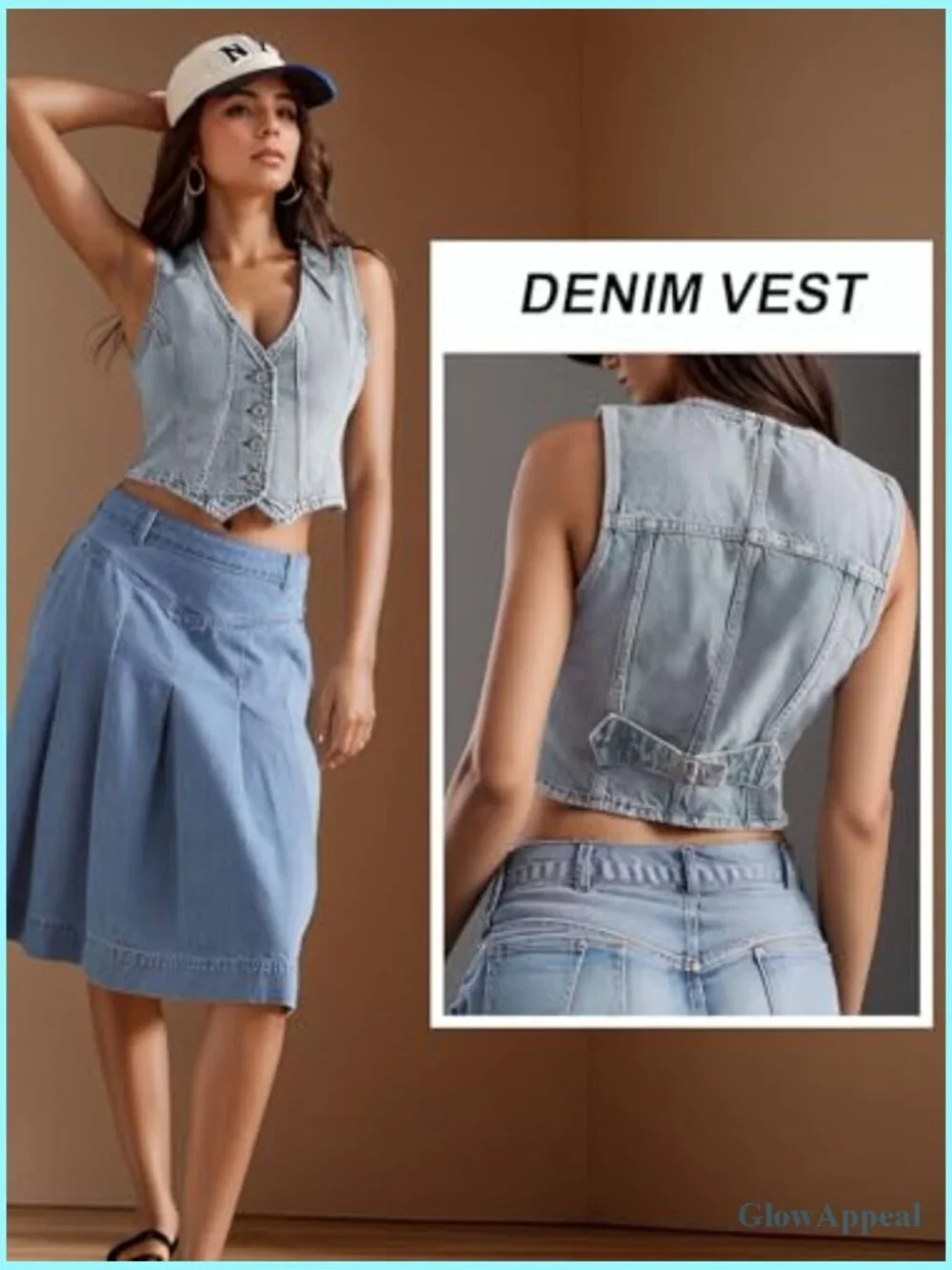 Cropped Denim Vest Sleeveless V-Neck Button Down Fitted Summer Western